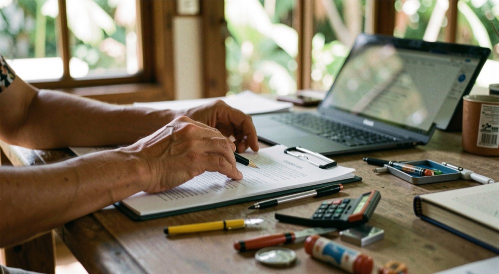 Hands and practical equipment in a Hawaiian small-business setting, natural daylight and a calm work surface, illustrating the small-business ransomware readiness check without readable screens or logos