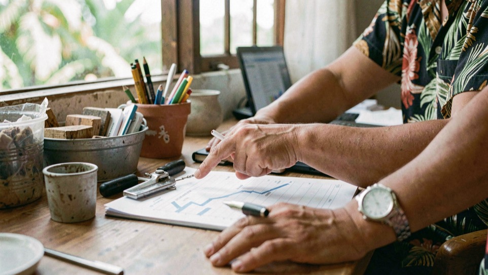 Hands and practical equipment in a Hawaiian small-business setting, natural daylight and a calm work surface, illustrating structured data without the magic promises without readable screens or logos