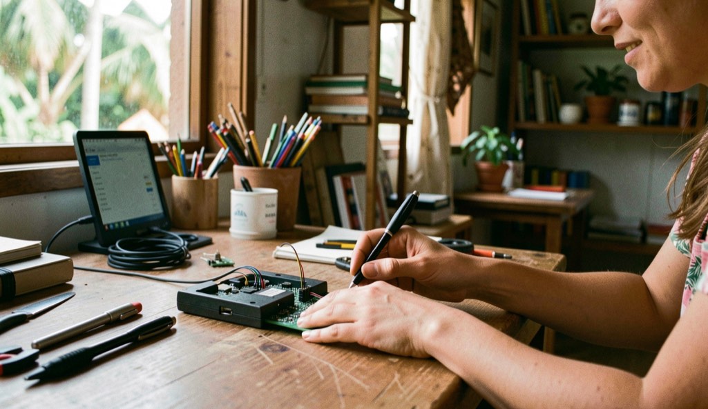 Hands and practical equipment in a Hawaiian small-business setting, natural daylight and a calm work surface, illustrating designing wi-fi for a small shop or studio without readable screens or logos