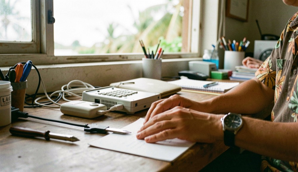 Hands and practical equipment in a Hawaiian small-business setting, natural daylight and a calm work surface, illustrating backup connectivity for island operations without readable screens or logos