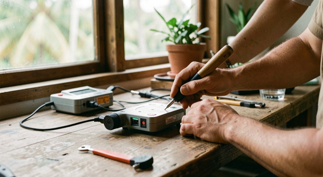 Hands and practical equipment in a Hawaiian small-business setting, natural daylight and a calm work surface, illustrating automation that keeps a human handoff without readable screens or logos