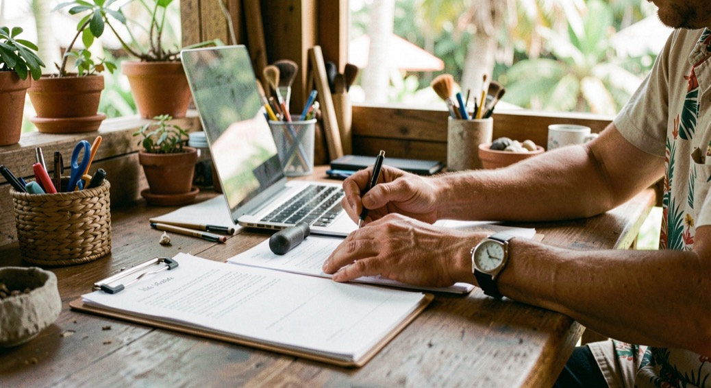Hands and practical equipment in a Hawaiian small-business setting, natural daylight and a calm work surface, illustrating local seo for church and nonprofit sites without readable screens or logos